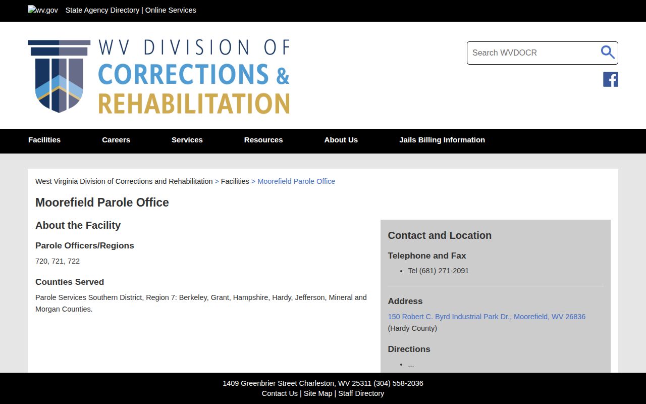 Mineral County parole supervision coverage shown on the official Moorefield Parole Office page
